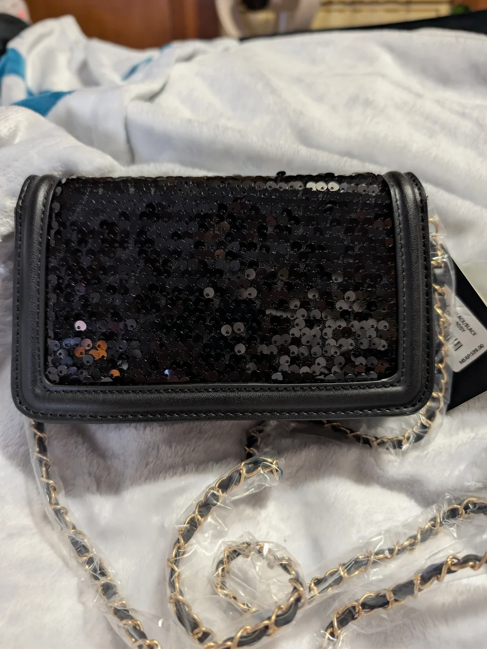 Black Sequin Crossbody Bag with Chain Strap